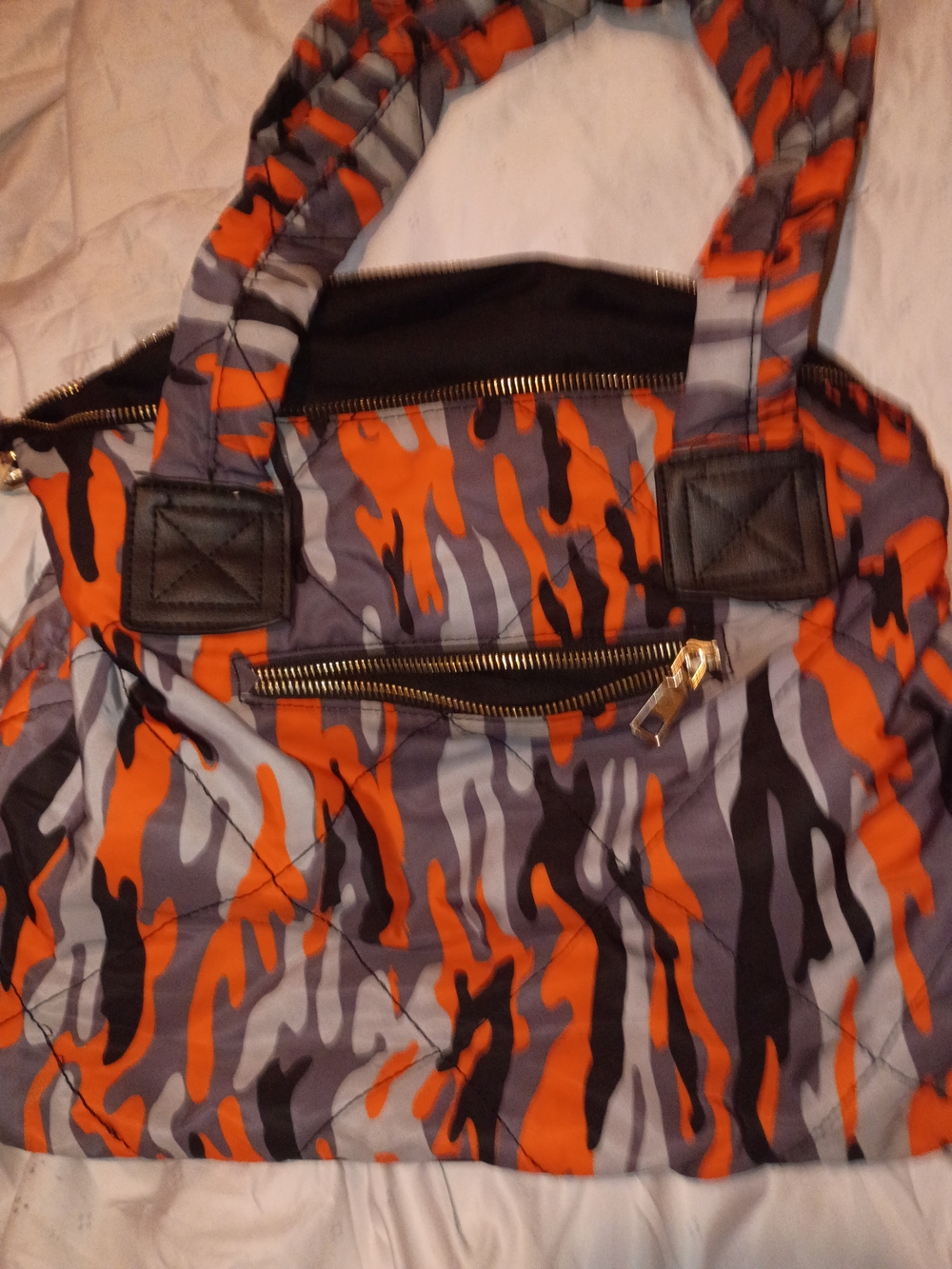 Camouflage Puffer Tote Bag in Orange, Black, and Gray